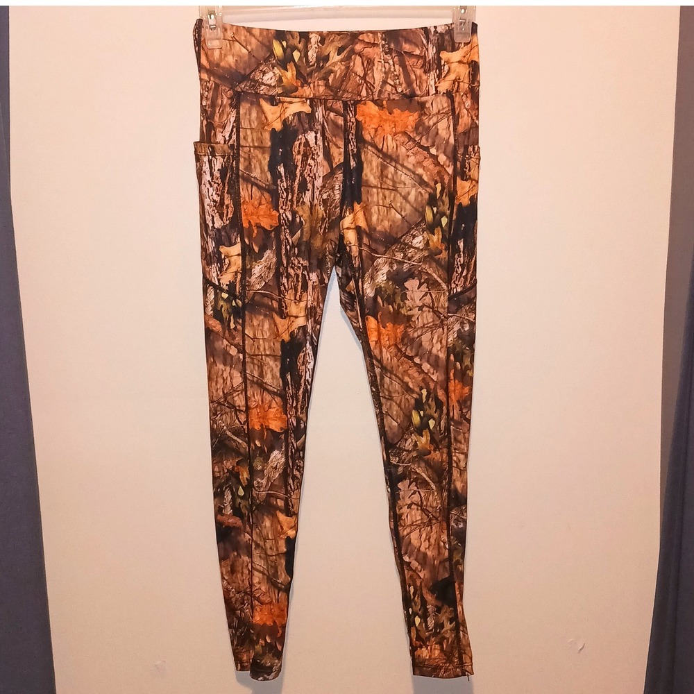 Tree Camo High Waisted Leggings yoga pants Pockets M Brown Forest